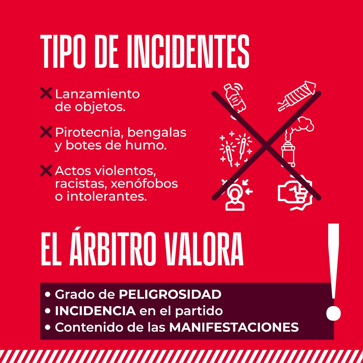 rfef's tweet photo. 🚨 ¡IMPORTANTE!

Este es el nuevo PROTOCOLO de ACTUACIÓN sobre los incidentes de público.

✖️ Lanzamiento de objetos.
✖️ Pirotecnia, bengalas y botes de humo.
✖️ Actos violentos, racistas, xenófobos o intolerantes https://t.co/cVu0UXq2kX