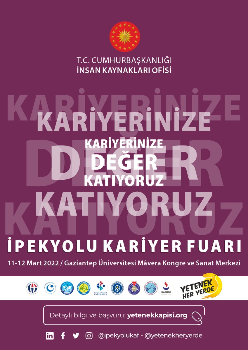 Kayıt: yetenekkapisi.org #yetenekkapisi #KariyerinizeDeğerKatıyoruz
<a href="/ipekyolukaf/">İpekyolu Kariyer Fuarı</a>
<a href="/yetenekheryerde/">Yetenek Her Yerde</a>
@tccbiko
@gaziantepuniv
<a href="/adyu2006/">Adıyaman Üniversitesi (ADYÜ) 🎓</a>
<a href="/Gibtuni/">Gaziantep İslam Bilim ve Teknoloji Üniversitesi</a>
<a href="/hrumedya/">Harran Üniversitesi</a>
<a href="/hkunv/">Hasan Kalyoncu Üniv</a>
<a href="/istiklalunv/">Kahramanmaraş İstiklal Üniversitesi</a>
<a href="/ksuedutr/">Kahramanmaraş Sütçü İmam Üniversitesi</a>
<a href="/Kilis7AralikUni/">Kilis 7 Aralık Üniversitesi (KİYÜ)</a>
<a href="/sankouniversite/">SANKO Üniversitesi</a>
@kariyergaun
<a href="/AKORTFUAR/">AKORT FUARCILIK - AKORT FAIR CO.</a>