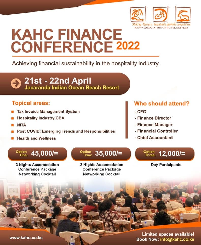 KAHC_Kenya's tweet photo. Have you signed up yet to KAHC 2022 finance conference ? Let's talk about Tax invoice management systems and Hospitality industry CBA and so much more this April. https://t.co/gfh65HyLxj