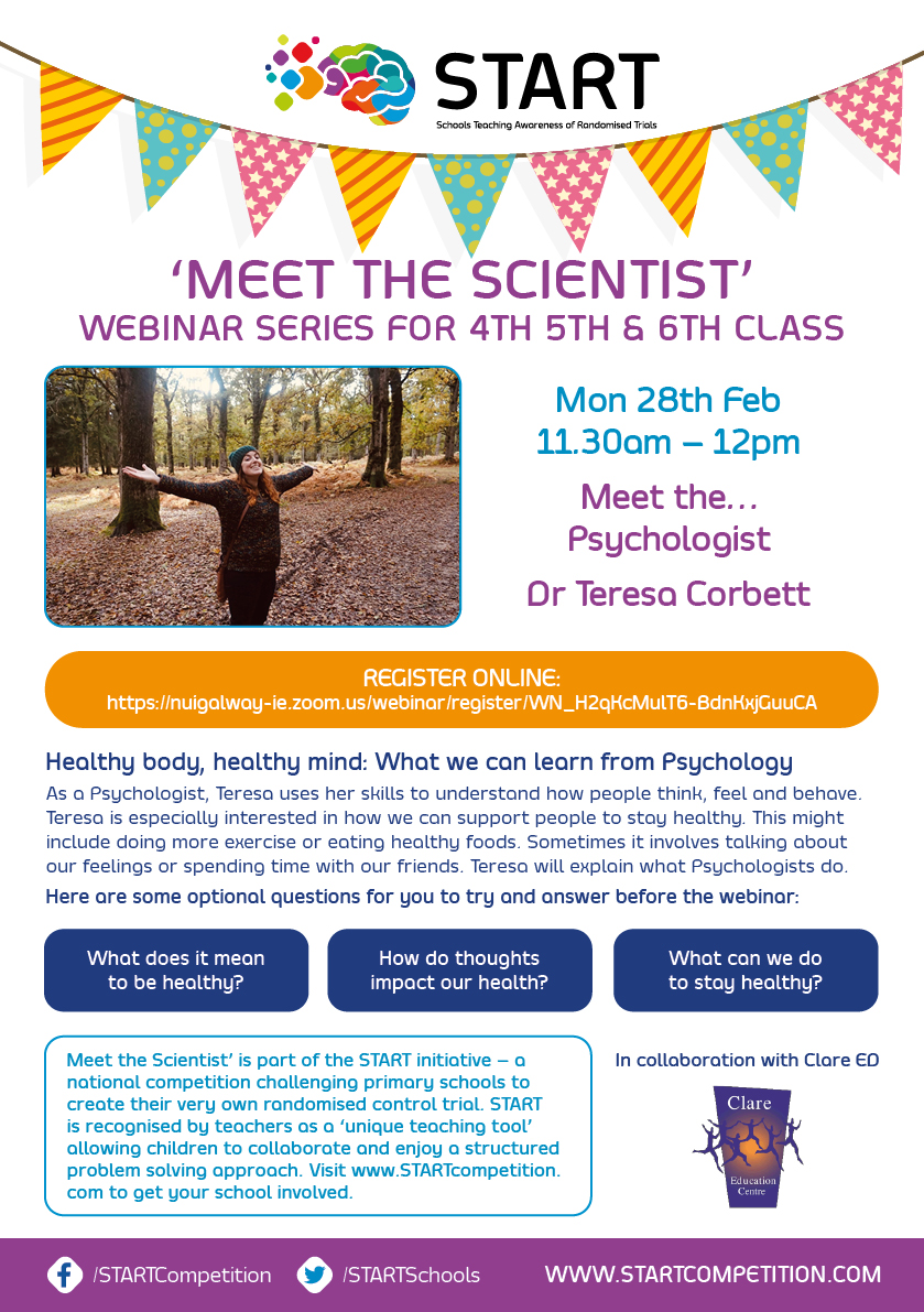 STARTSchools's tweet photo. 🥳🌈4th, 5th & 6th Classes
🌞Healthy Body, Healthy Mind: What We Can Learn From Psychology 💫
Join us Mon 28th Feb @ 11.30am for the next #STARTcompetition Meet the Scientist webinar for Irish primary schools to find out.
Register your class here: https://t.co/DtLfyOsmo7 https://t.co/x2GHHaE9jg