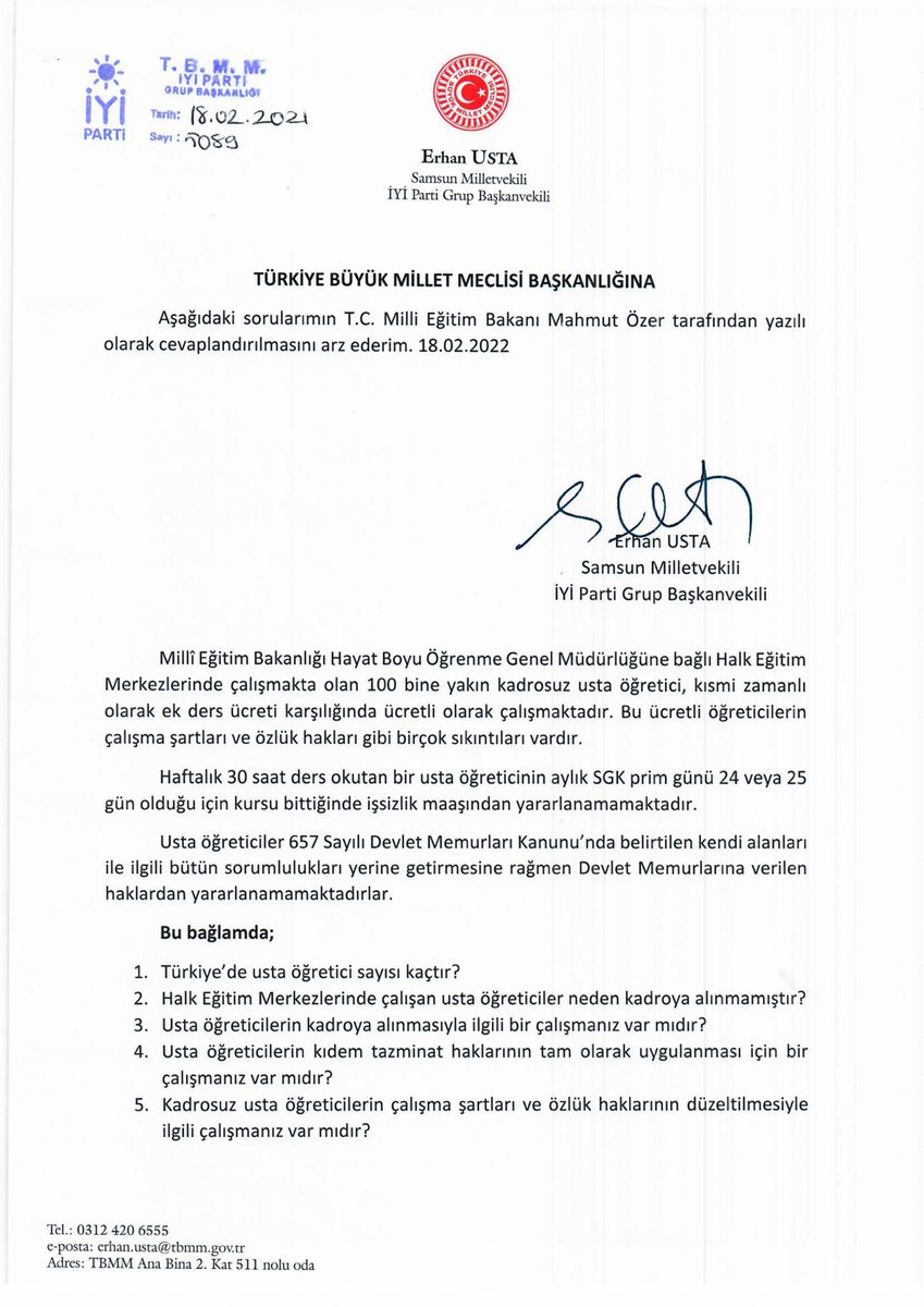 Halk eğitim merkezlerinde çalışan 100 bine yakın kadrosuz usta öğreticinin, çalışma şartları ve özlük hakları gibi birçok sıkıntıları var.

Bu sorunları T.C. Milli Eğitim Bakanı (<a href="/tcmeb/">Millî Eğitim Bakanlığı</a>) Mahmut Özer'e; verdiğimiz önergeyle sorduk...

#UstaÖğretici