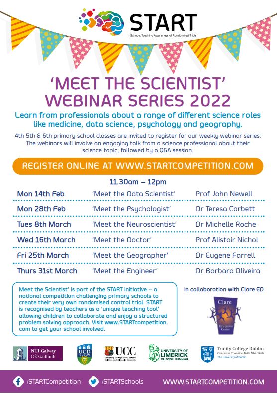 STARTSchools's tweet photo. 🥳🌈4th, 5th & 6th Classes
🌞Healthy Body, Healthy Mind: What We Can Learn From Psychology 💫
Join us Mon 28th Feb @ 11.30am for the next #STARTcompetition Meet the Scientist webinar for Irish primary schools to find out.
Register your class here: https://t.co/DtLfyOsmo7 https://t.co/x2GHHaE9jg