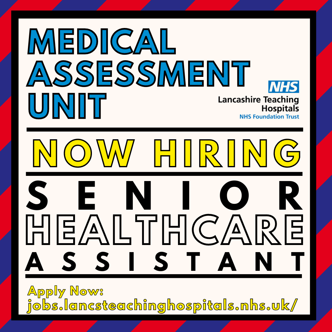 LancsHospJobs's tweet photo. Job Vacancy: Senior Healthcare Assistant - Medical Assessment Unit @lancsHospitals
⏰ Closing: 27/02/2022
Read more and apply: https://t.co/8xLJSkEfZQ
#NHS #NHSJobs #MedicalAssessmentUnit #MAU #Lancashire #Preston #Chorley #WeAreSHCSWs @ashjj999 https://t.co/3XJTxhUyKx