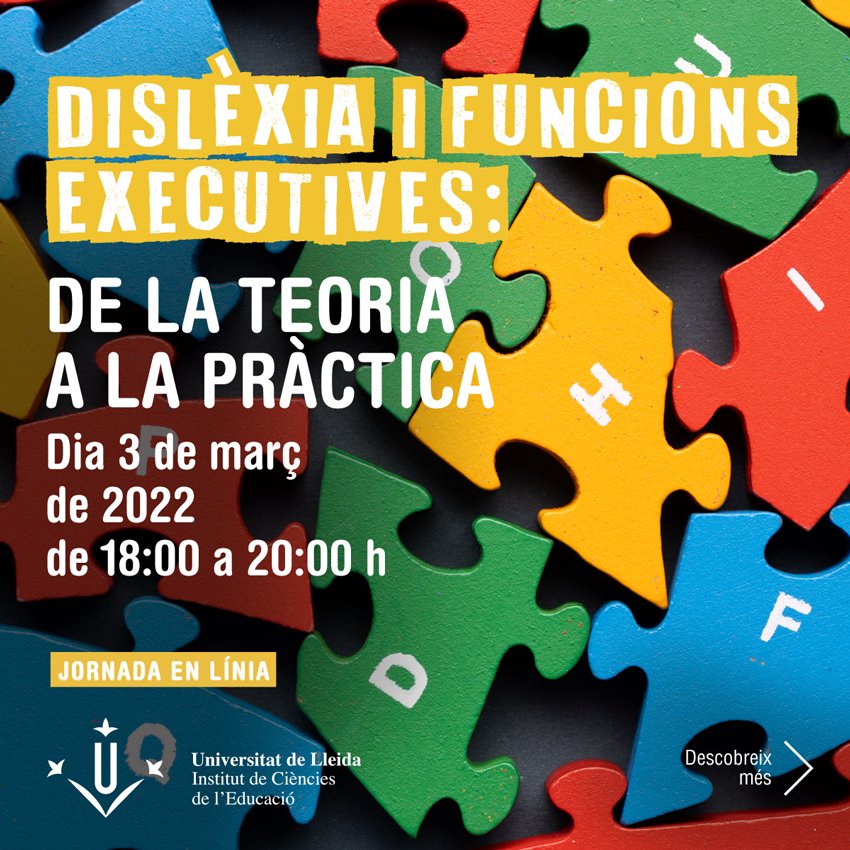 IceUdl's tweet photo. 📣 Jornada en línia: "Dislèxia i funcions executives: de la teoria a la pràctica"

📅 3 de març de 2022
ℹ Organitza: Equip ICE Dislèxia
💻 Virtual
Més informació i inscripcions ➡️  https://t.co/Yl75UV7b86

🌐 https://t.co/NrudBMZTc5 https://t.co/pVoxytIfMb
