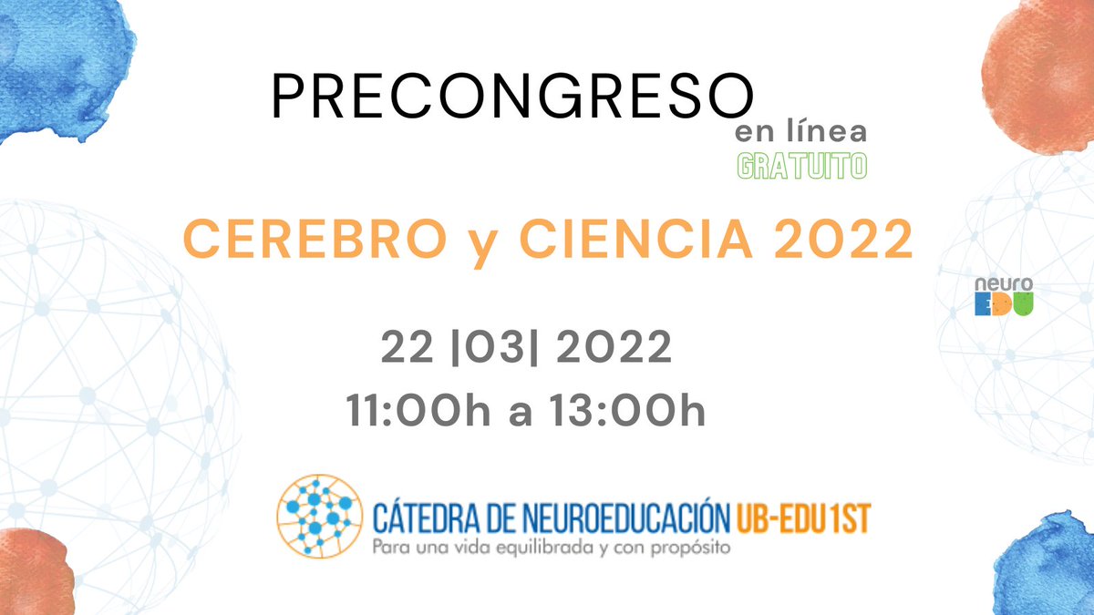 PRECONGRESO en línea "CEREBRO y CIENCIA 2022"
🗓️22 de Marzo de 11h a 13h[Gratuito]

¿Cuál es el origen de la creatividad, la sorpresa y la curiosidad?,¿y si observamos esta pregunta desde la educación infantil hasta la universidad?

Inscripciones:bit.ly/PreCongresoNeu…
#neuroEDU
