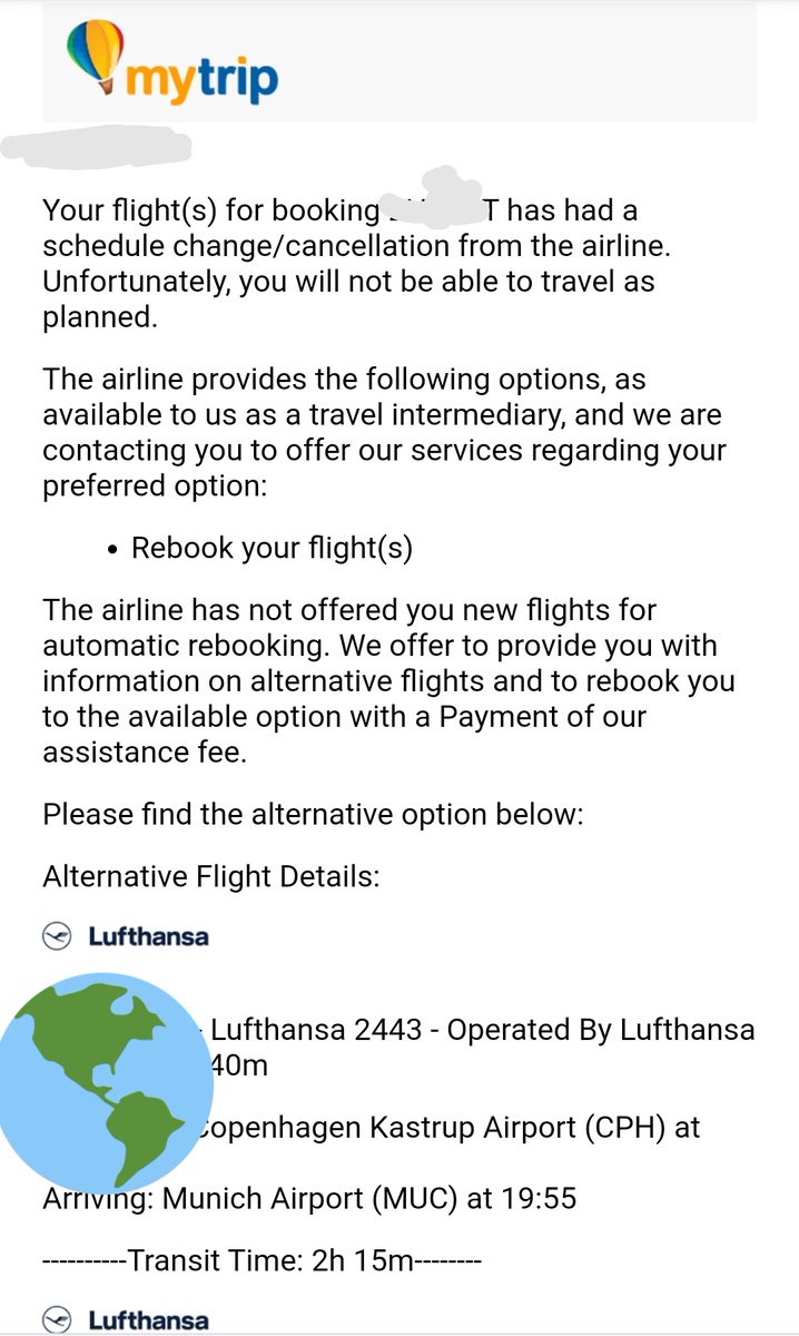 EarthCitisen's tweet photo. A disgraceful and shameful approach from @MyTrip that wants to charge me money because @lufthansa has canceled my flight. When #EUConsumerLaw says that I need to receive support and possibly compensation for airline cancellation, travel agent wants to charge money for refund. https://t.co/JTZjqIVevF