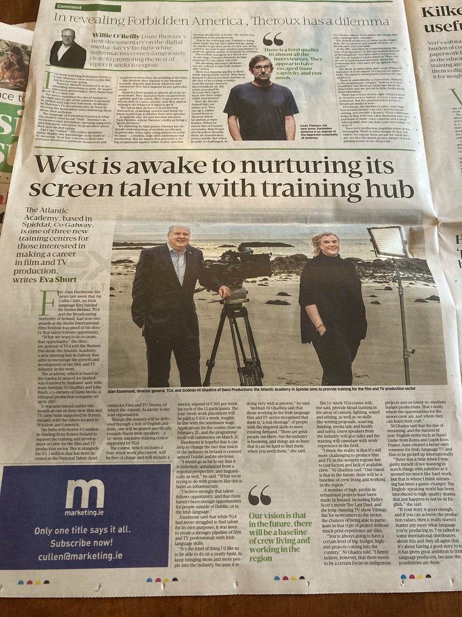 Thanks <a href="/evadiminutive/">Eva Short</a> <a href="/businessposthq/">Business Post</a> - the West is Awake to nurturing its Screen Talent with Training Hub - it certainly is Comhghardeas <a href="/atlanticgalway/">Atlantic Academy / Acadamh Atlantach</a>  &amp; <a href="/TG4TV/">TG4</a> a super article if you’re interested in working in TV &amp; Film Production, mows your chance .. dlt@atlantiacademy.ie