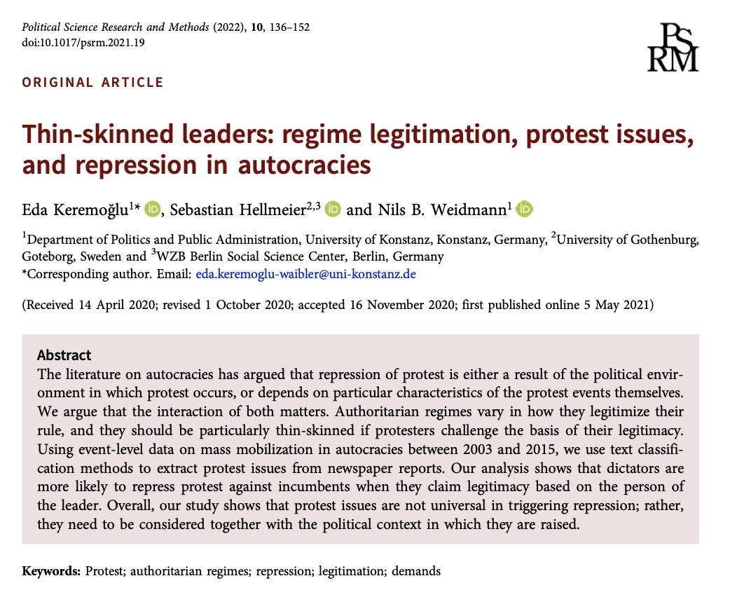 PSRMJournal's tweet photo. #Vol10Iss1 | #PSRM10 | Using data on mass mobilization in autocracies between 2003 &amp; 2015, @eda_keremoglu @shellmei &amp; @nils_weidmann investigate why authoritarian regimes repress some protests but tolerate others

#FreeAccess until the end of February:

👉https://t.co/20gXnsnZXg https://t.co/YD3KQ1mO78
