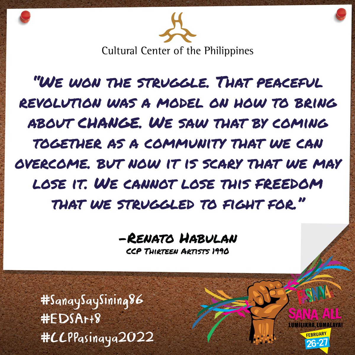 ccpvamd's tweet photo. In an interview, CCP Thirteen Artist Renato Habulan stressed the importance of solidarity among artists and art communities during the 1986 EDSA People Power Revolution.
#peoplepower1986 #peoplepowerphilippines #peoplepowerph #EDSAPeoplePower
#EDSA36 #culturalcenterph https://t.co/8iyJTllKBS