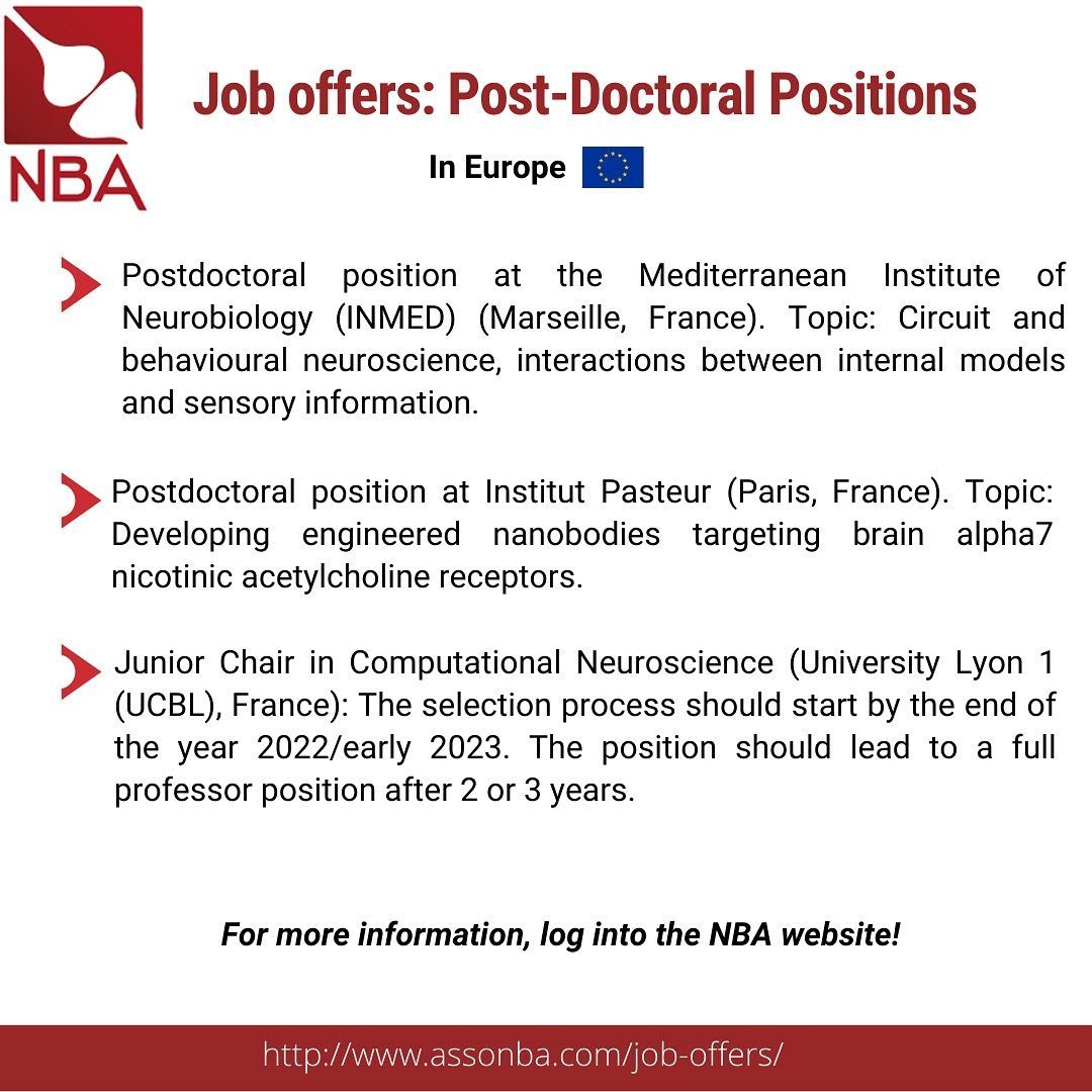 Asso_NBA's tweet photo. New #job_offer have been published on our website! ⚪️🔴
3 #PhDposition in Europe, 3 #postdoc positions in Europe and 6 #postdoc positions in USA https://t.co/IYJbJPLi7s
