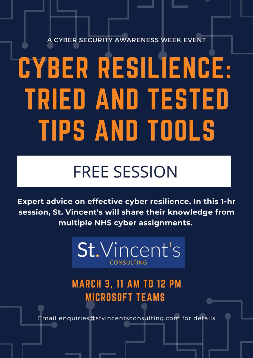 SaintVincentsC's tweet photo. Join St. Vincent's free online cyber resilience session led by our Chief Technology Officer Ian de la Mare. 

The Teams link to the session can be found under "Details" on the left under "book below": https://t.co/M7cplHiQY9

#csw2022 #cyber https://t.co/IIPwNGHOXB