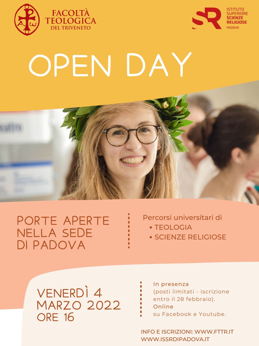 Venerdì 4 marzo alle 16 c'è l'Open day!
Vieni a conoscere i percorsi universitari di Teologia e di Scienze religiose.
In presenza nella sede di Padova e online.
Iscrizioni entro il 28 febbraio forms.gle/mJUuczeh3h43Hz…
