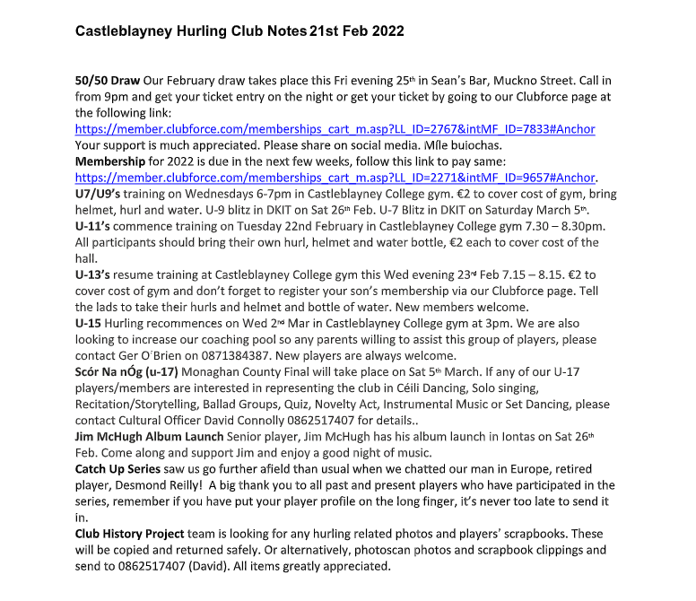 blayneyhurling's tweet photo. Castleblayney Hurling Club Notes 21st February 2022

***50/50 Draw taking place this Friday in @seansbarblayney, call in from 9pm onwards! https://t.co/R3yxCmecGd