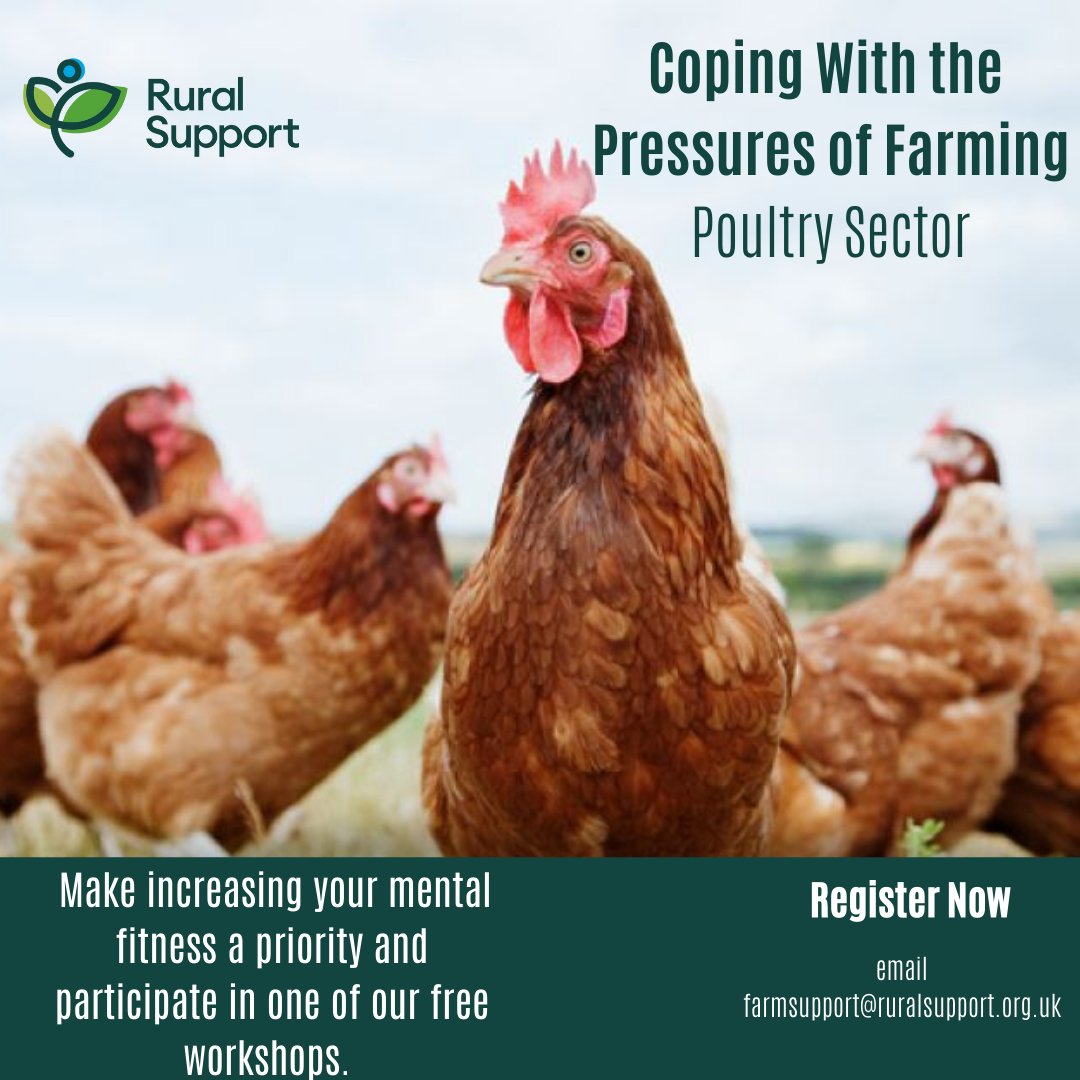 Tomorrow night is our first Poultry Sector specific Coping with the pressures Farming session. 

We are asking farmers and farming families in the poultry sector to make increasing their mental fitness a priority.

For more info email farmsupport@ruralsupport.org.uk