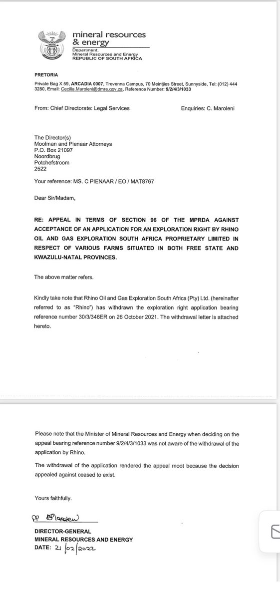 MoolmanPienaar's tweet photo. It is official!! 

Rhino Oil &amp; Gas (Pty) Ltd has withdrawn it’s application under ER346 for Exploration Rights (for oil, gas, coal bed, methane, helium and biogenic gas) over areas which encompass parts of the Free State and Northern KwaZulu-Natal. 
#exploration #FossilFuel https://t.co/QHFCfMV1ya