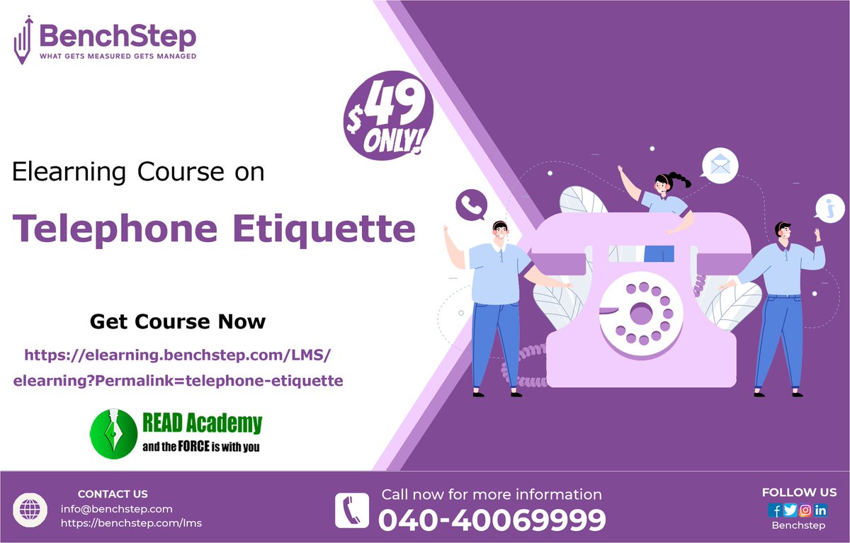 BenchStep's tweet image. Good etiquette will open doors that the best education cannot
Start your journey with our "Telephone Etiquettes" course now!
elearning.benchstep.com/LMS/elearning
For more details call now 040 4006 9999 Or Email info@benchstep.com
#LMS #onlinecourses #courses #TelephoneEtiquettes #elearning