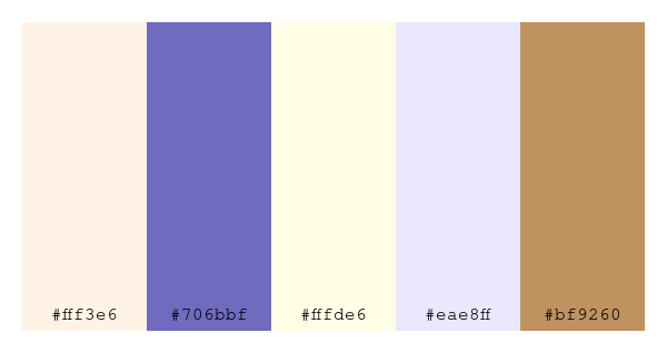 ColPaletteBot's tweet photo. Beep beep, here's a pretty color palette for you! 

color-scheme.js parameters used: 
- hue: 258
- variation: light
- colors: #fff3e6, #706bbf, #fffde6, #eae8ff, #bf9260

Have a lovely day!

#twitterbot #colorpalette #colors #palette #prettycolors https://t.co/RDh2SCkOJD