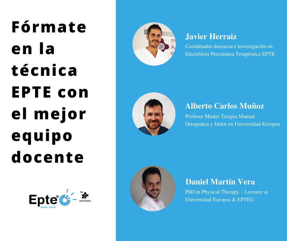 Aprende a dominar los principales aspectos de la técnica de #electrólisispercutáneaterapéutica #EPTE con nuestro equipo de docentes y profesionales en #fisioterapia <a href="/JavierHerraiz3/">Javier Herraiz Fisio</a> <a href="/AlbertoCMFisio/">Alberto Muñoz</a> <a href="/DaniMartinFisio/">Daniel Martín Vera</a> 

ℹ️ Más información sobre las formaciones bit.ly/2OKShDs