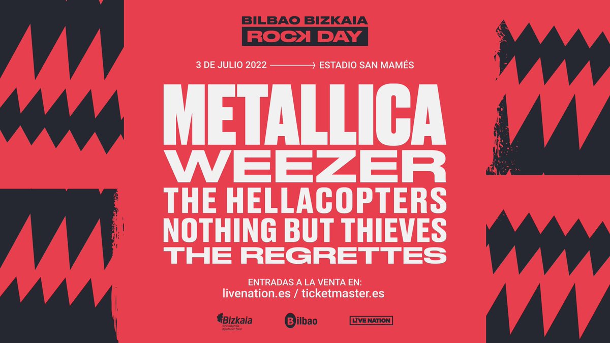 🔥🔥¡15 años después, Metallica vuelven a Bilbao! Y lo harán muy bien acompañados: Weezer, The Hellacopters, Nothing But Thieves y The Regrettes completan el cartel del Bilbao Bizkaia Rock Day.
 
🎟 Información de precios y paquetes VIP en livenation.es/noticias/22510…