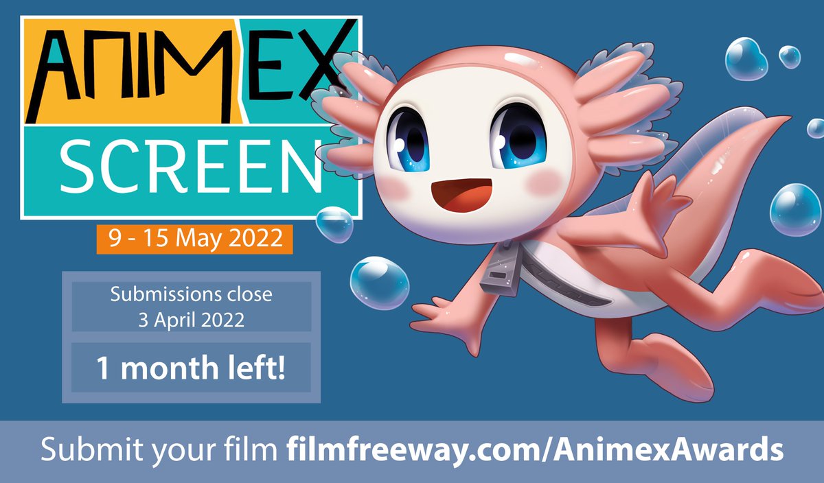 There’s only 1 MONTH LEFT for submissions to Animex Screen 2022 

Don’t miss out, submit your film today for your chance to be selected for our screenings 📽️

We're accepting films in #2danimation, #VFX, #StopMotion &amp; more, check our FilmFreeway!

#AnimexScreen #Animation