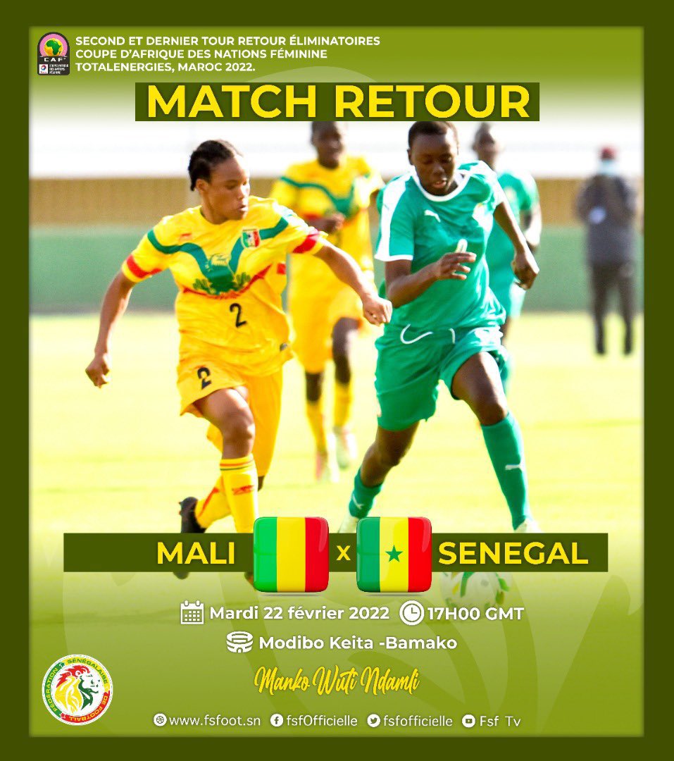 Les Lionnes 🇸🇳sont à 90’ d’une qualification à la Coupe d'Afrique des Nations, 10 ans après. En effet, la dernière phase finale du Sénégal remonte à 2012. Faites-le pour l’histoire.
🆚 Mali🇲🇱 - Sénégal🇸🇳 
🕔 17h00 GMT
🏟️ Stade Modibo Keita Bamako
#AllezLesLionnes #MALSEN