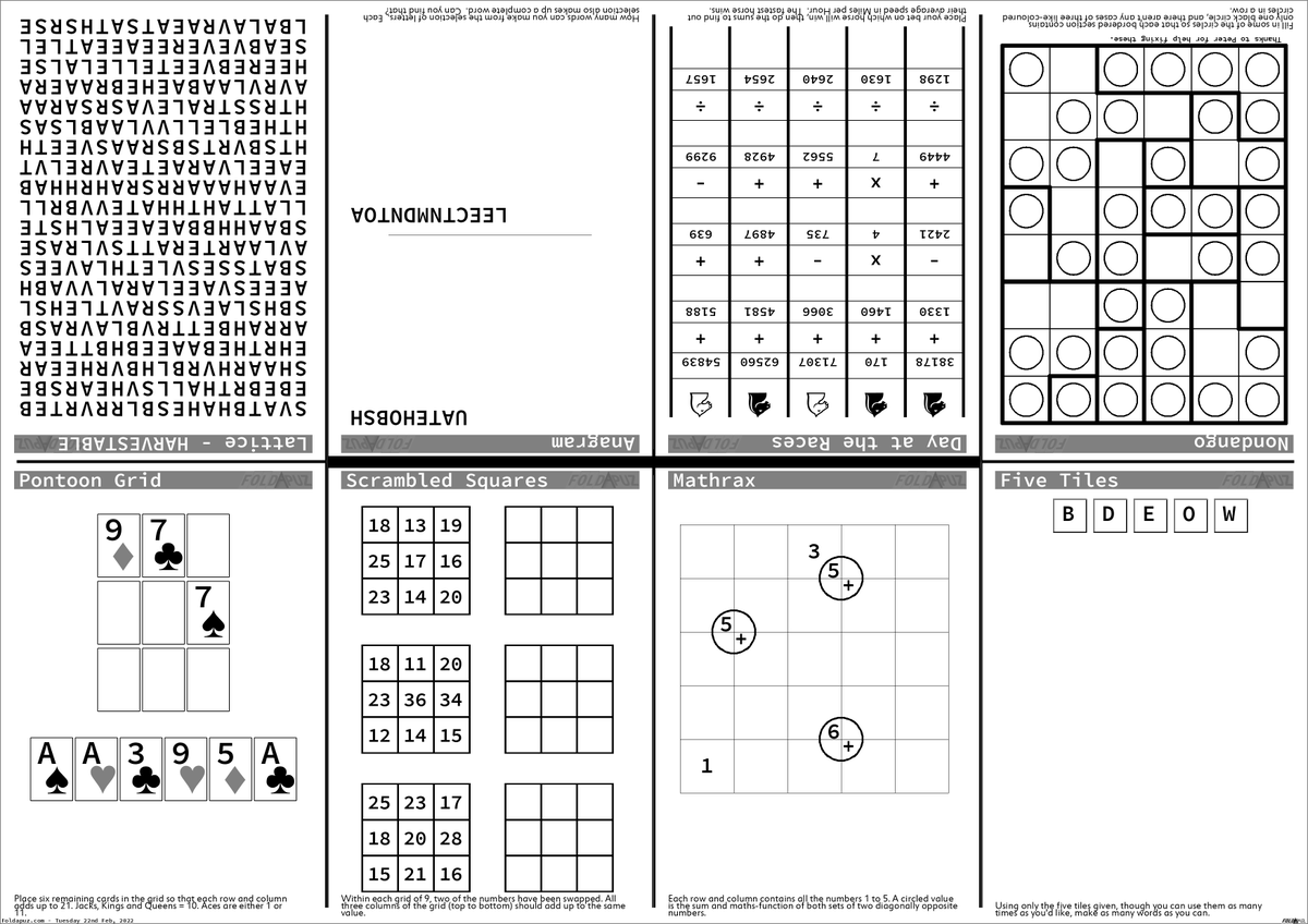 foldapuz's tweet photo. A new game, Five Tiles, joins the fold.
Reuse the five letters to make as many words as you can.  You may repeat letters within a word.

You can print off a sheet of puzzles, or play them online, at https://t.co/nawi7PSiau
There's loads of puzzles to play, updated daily. https://t.co/oCZK7Tzaik