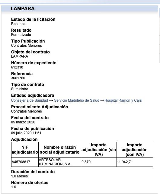 Vamos a ampliar la denuncia porque son muy sospechosos los contratos fraccionados con Artesolar, la empresa donde trabaja el hermano de Ayuso.
Ese fraccionamiento se usa para que sean contratos menores y se puedan adjudicar a dedo.
Fecha 4 y 5 de marzo 2020.