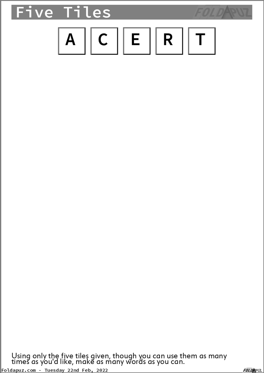 foldapuz's tweet photo. A new game, Five Tiles, joins the fold.
Reuse the five letters to make as many words as you can.  You may repeat letters within a word.

You can print off a sheet of puzzles, or play them online, at https://t.co/nawi7PSiau
There's loads of puzzles to play, updated daily. https://t.co/oCZK7Tzaik