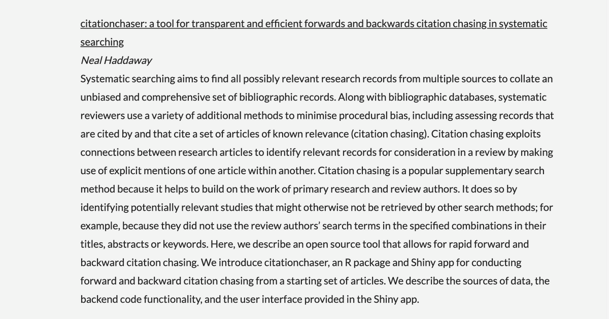 eshackathon's tweet photo. NOW: Neal Haddaway (@nealhaddaway) - citationchaser: a tool for transparent and efficient forwards and backwards citation chasing in systematic searching
#ESMARConf2022 #EvidenceSynthesis #MetaAnalysis #RStats #ReviewProcesses
https://t.co/oNLv2aVxX6 https://t.co/KZzfs1utNm