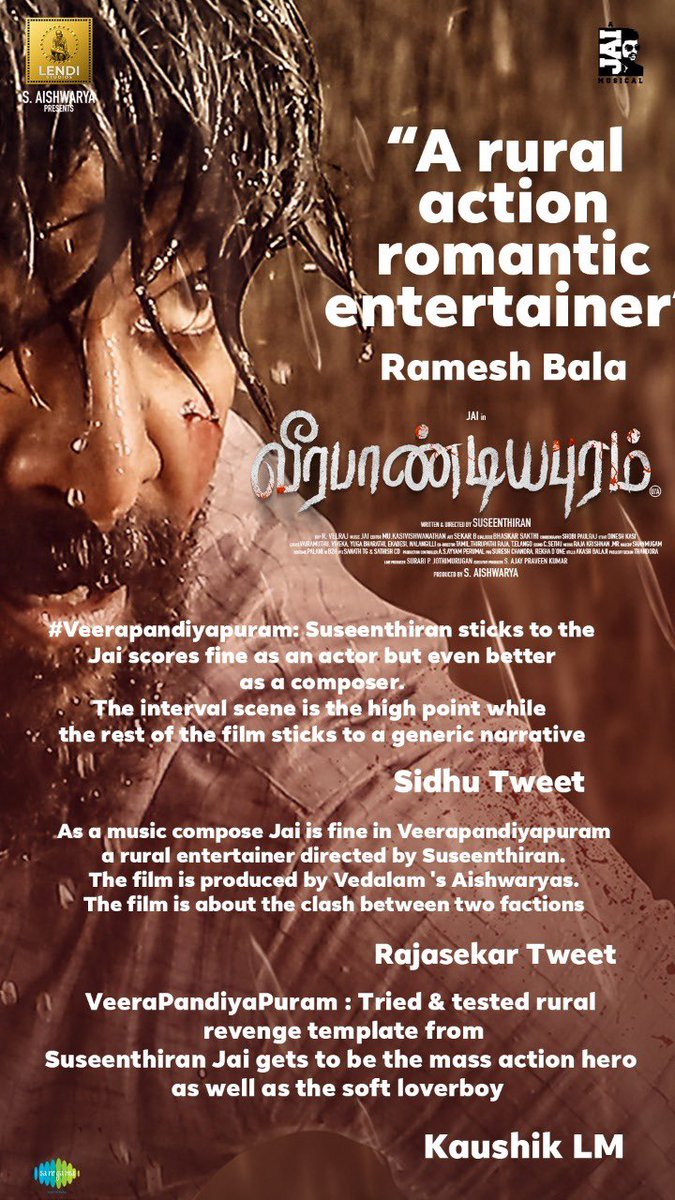 LendiStudios's tweet photo. #Veerapandiyapuram - The Rural entertainer have got good response from public and critics. Do watch it on theatres 

#AJaiMusical 

@Actor_Jai @Dir_Susi @meenakshigovin2 @LendiStudios @aishwaryas24 @VelrajR @mukasivishwa @ajay250193 @DoneChannel1 https://t.co/lCAVKe4F44