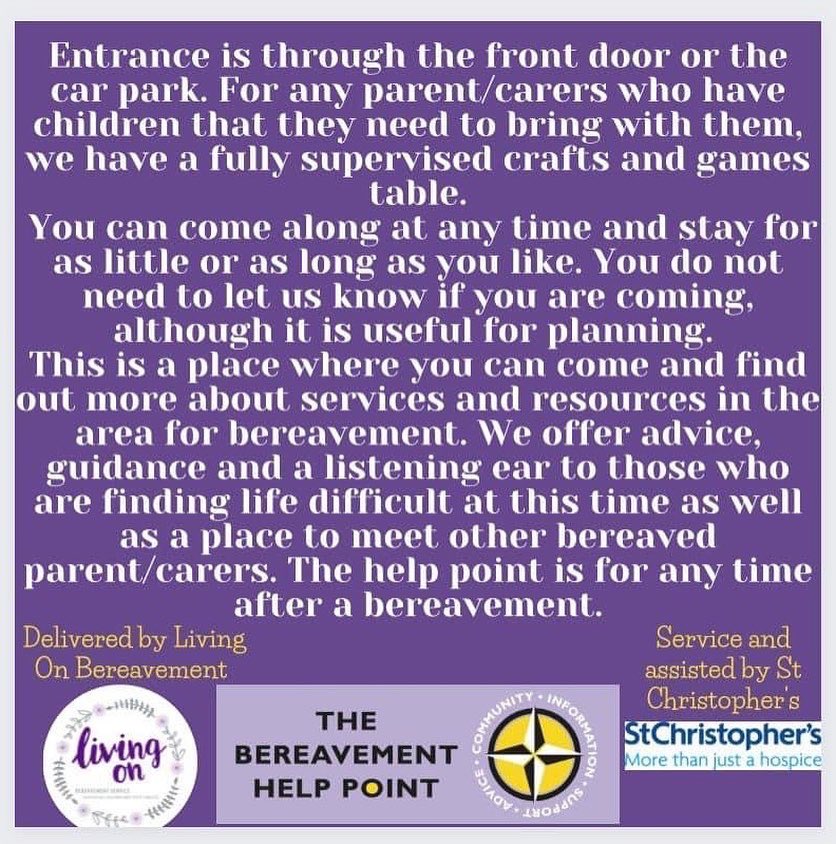 LivingOn00's tweet photo. The Help Point this Saturday 10am-12pm at Orpington Methodist Church.

There will be activities for the children to enjoy and a chance for all parents/carer’s to receive advice, guidance and a listening ear.

Everyone is welcome 💜 

#bereavementsupport #LivingOn #orpington https://t.co/3idb2b5bFN