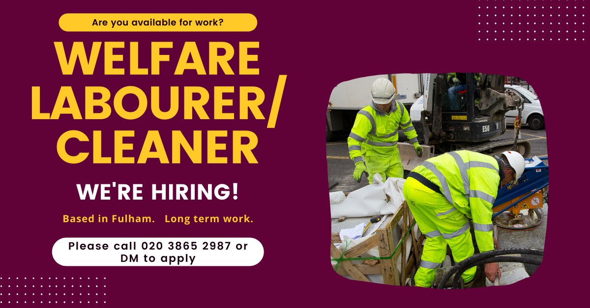 RoleGroupLtd's tweet photo. CSCS Welfare Labourer/ Cleaner, Fulham, £11.50p/h
The cleaner will be cleaning bathrooms, canteens, offices, hoarding and communal areas. A CSCS card is essential. Message us to apply. #cleanerjobs #welfarelabourer #jobs #rolegroup 

https://t.co/gk8kPaVvvz https://t.co/91lqhQLiMC