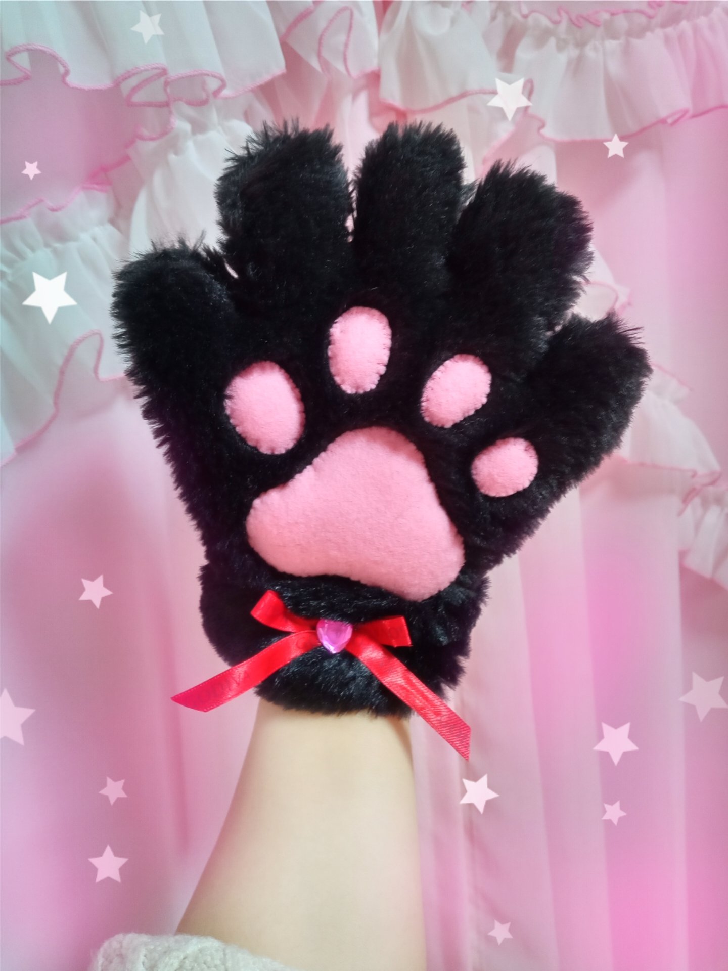 黒❤︎肉球 猫 スマホ対応 ふわふわ 指なし にゃんこ 韓国 手袋 グローブ - 2