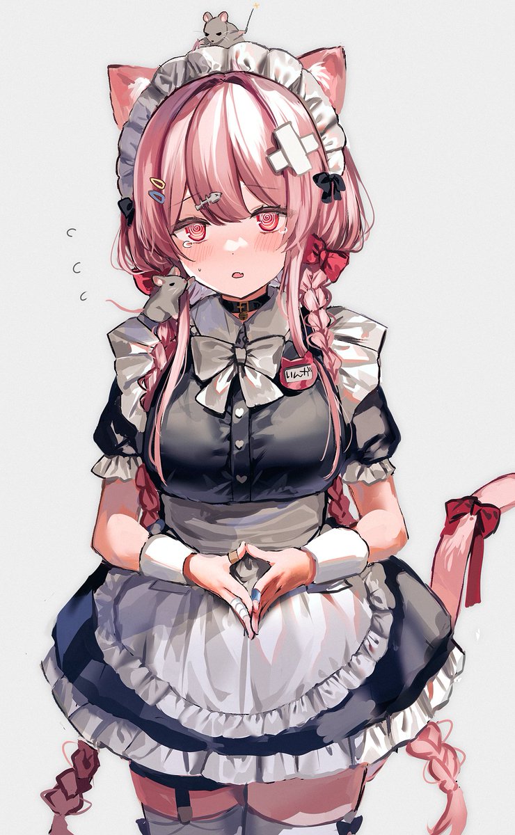 1girl animal ears pink hair tail solo maid thighhighs  illustration images