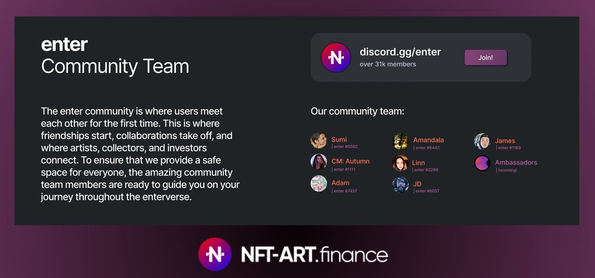 Why we love enter #37

enter Community Team!

-Friendly and easy to talk to
-Fast response
-Help you as soon as possible
-Will never give you up

<a href="/EnterNFT/">enter - NFT ecosystem ✨</a>
$NFTART #EnterArmy #ENTERART #enterAUDIO #enterGAMES #enterNFT #NFT