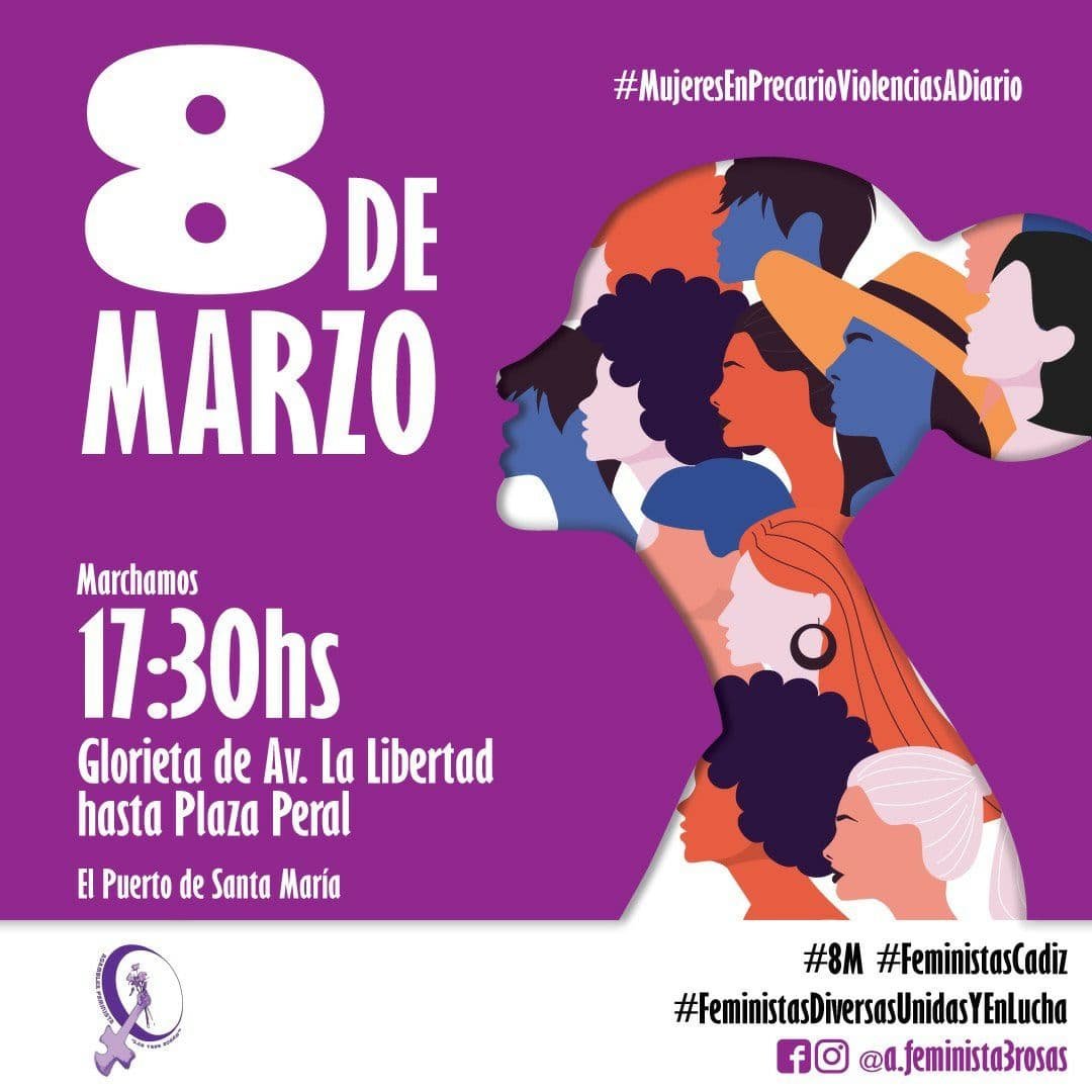 Hoy el cartel con la convocatoria de manifestación del 8M en EL PUERTO DE SANTA MARÍA A LAS 17,30 H en la Glorieta Avda. de La Libertad. 
#8M2022 #FeministasCádiz
#MujeresEnPrecarioViolenciasADiario
#FeministasDiversasUnidasYEnLucha
#PortodesyAPorTodas
#AquíEstamosLasFeministas