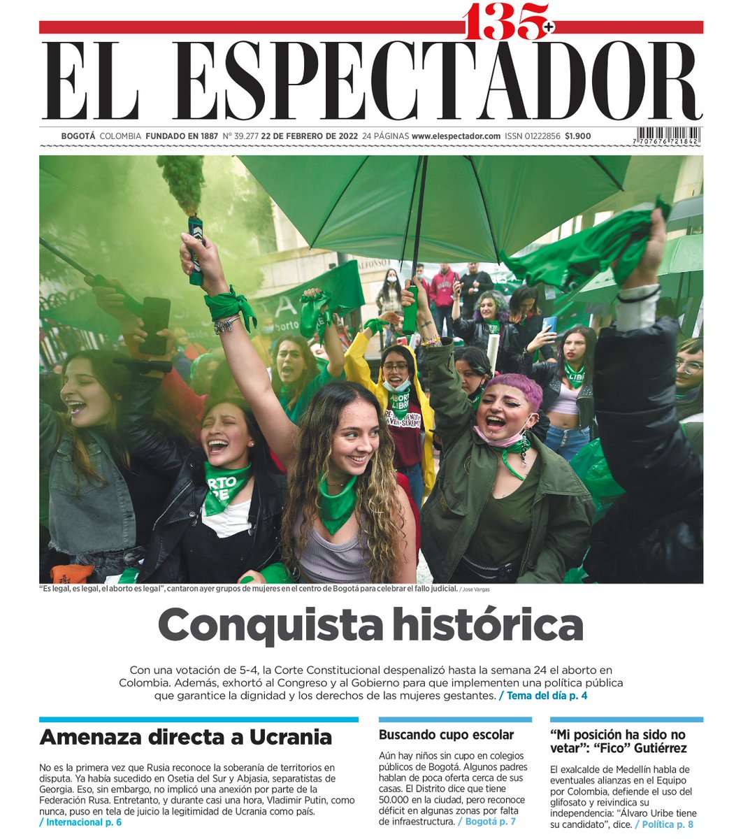 elespectador's tweet photo. #PortadaEE En una decisión histórica, la Corte Constitucional despenalizó la interrupción voluntaria del embarazo hasta las 24 semanas. Además, dejó en firme las tres causales que existen desde 2006 después de este periodo de gestación.
https://t.co/SKjXgkr7rr https://t.co/u6uqsY6aOp