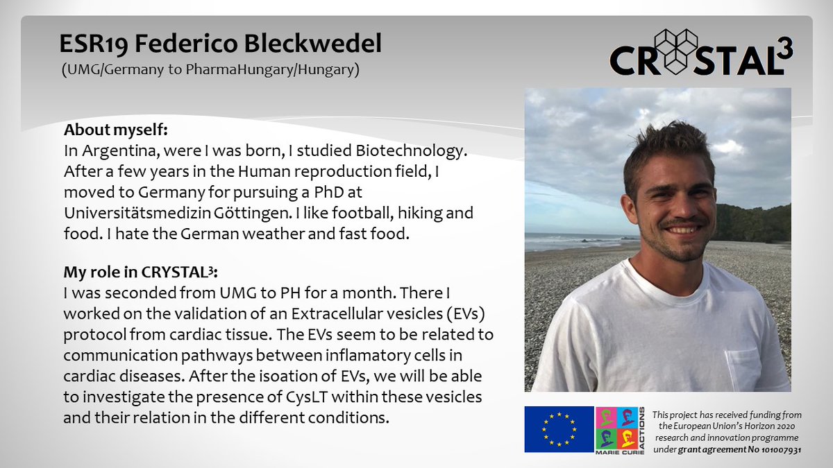 CRYSTAL3 CONSORTIUM (@crystal3project) on Twitter photo This is Federico, our #MSCA #Fellow in #CRYSTAL3 Biotechnologist seconded from <a href="/pharmaumg/">Institute of Pharmacology and Toxicology, UMG</a> in Germany to <a href="/PharmahungaryGr/">Pharmahungary Group</a> in Hungary,
working on Extracellular Vesicles in cardiac disease. He likes football and hates fast food #H2020 #InvestEUResearch <a href="/MSCActions/">Marie Skłodowska-Curie Actions</a> <a href="/LauraZelarayan2/">Laura Zelarayan</a> This is Federico, our #MSCA #Fellow in #CRYSTAL3 Biotechnologist seconded from <a href="/pharmaumg/">Institute of Pharmacology and Toxicology, UMG</a> in Germany to <a href="/PharmahungaryGr/">Pharmahungary Group</a> in Hungary,
working on Extracellular Vesicles in cardiac disease. He likes football and hates fast food #H2020 #InvestEUResearch <a href="/MSCActions/">Marie Skłodowska-Curie Actions</a> <a href="/LauraZelarayan2/">Laura Zelarayan</a>