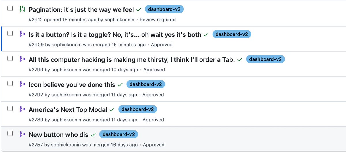 Pull Requests with punny titles: 'Icon believe you've done this', 'America's Next Top Modal', 'New button who dis' and so on.