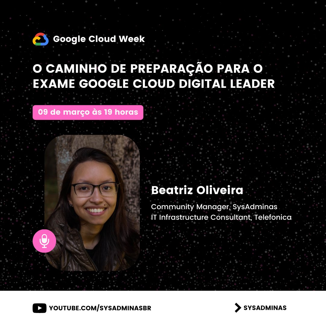 thebeaoliveira's tweet photo. No início de março teremos a Google Cloud Week na Comunidade SysAdminas, com conteúdos que serão apresentados por mulheres incríveis! 👩🏻‍💻☁️

Se inscreva e compartilhe os links abaixo.

Dia 1: https://t.co/ZIOlGfjyk8
Dia 2: https://t.co/PIUJYiOsxF
Dia: 3: https://t.co/6wbLFRNuQ7 https://t.co/XQ4BEF2SNC