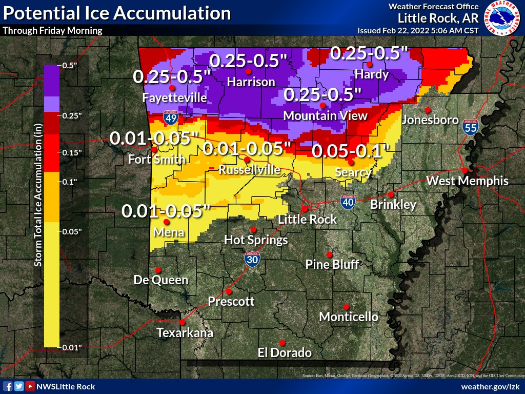 NWSLittleRock's tweet photo. Unsettled conditions will continue for the next several days with rain, ice, snow and sleet all in the forecast for parts of the state. Of particular concern is the amount of freezing rain that could fall over a good part of northern Arkansas Wednesday and Thursday. #arwx https://t.co/cjQVvkG1DG