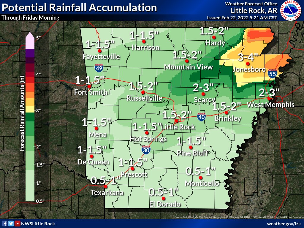 NWSLittleRock's tweet photo. Unsettled conditions will continue for the next several days with rain, ice, snow and sleet all in the forecast for parts of the state. Of particular concern is the amount of freezing rain that could fall over a good part of northern Arkansas Wednesday and Thursday. #arwx https://t.co/cjQVvkG1DG