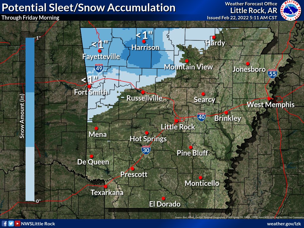 NWSLittleRock's tweet photo. Unsettled conditions will continue for the next several days with rain, ice, snow and sleet all in the forecast for parts of the state. Of particular concern is the amount of freezing rain that could fall over a good part of northern Arkansas Wednesday and Thursday. #arwx https://t.co/cjQVvkG1DG