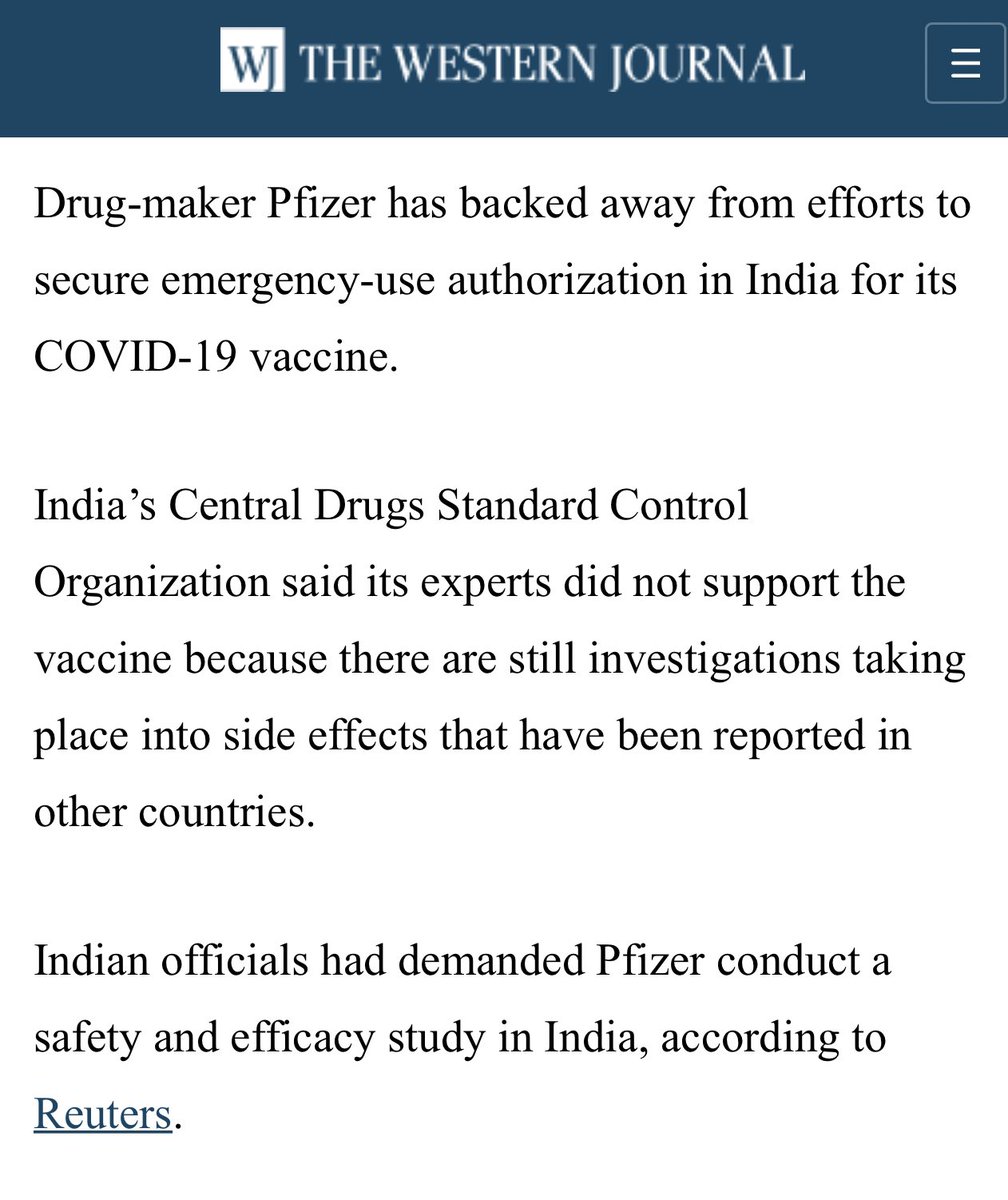 drsimonegold's tweet photo. India’s drug regulators have effectively declined Pfizer’s COVID vaccine emergency use approval, citing an ongoing investigation into side effects reported in other countries.

As a result, the vaccine won’t be available in the country.

This is a great win for medical integrity. https://t.co/pmOovMTOwi
