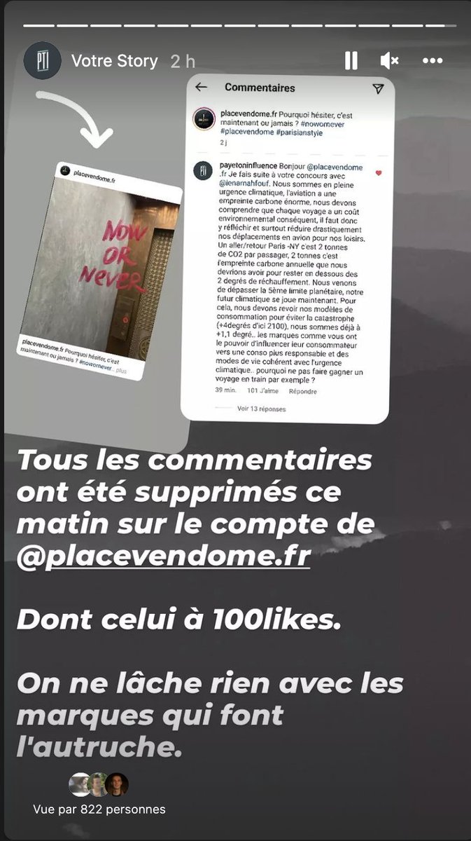 Commentaire de 100 likes supprimé par <a href="/place_vendome/">PlaceVendome.fr</a> pour les alerter des enjeux climatiques..

.. suite à un concours faisant gagner un voyage à NY, un ipad, un iphone.. et surtout 150k followers pour leur compte insta.

<a href="/place_vendome/">PlaceVendome.fr</a> ?
bit.ly/3h3Tk1N