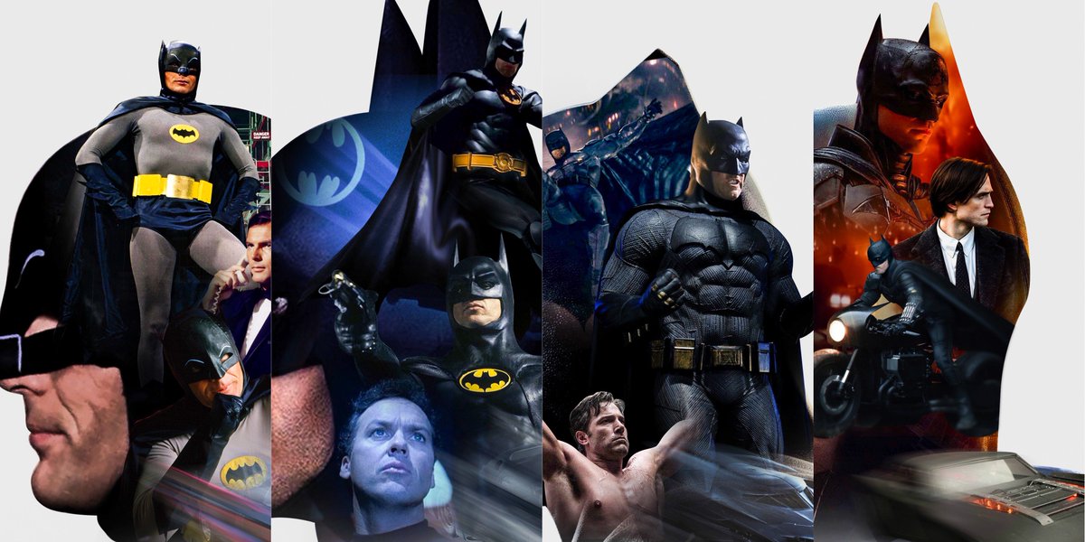 screenrant's tweet photo. New #Batman fan art compares the Batsuits worn by several live-action versions of the Caped Crusader, from Clooney to Pattinson.🙌

https://t.co/VmkX1qkBwG https://t.co/8DUUIMqIuR