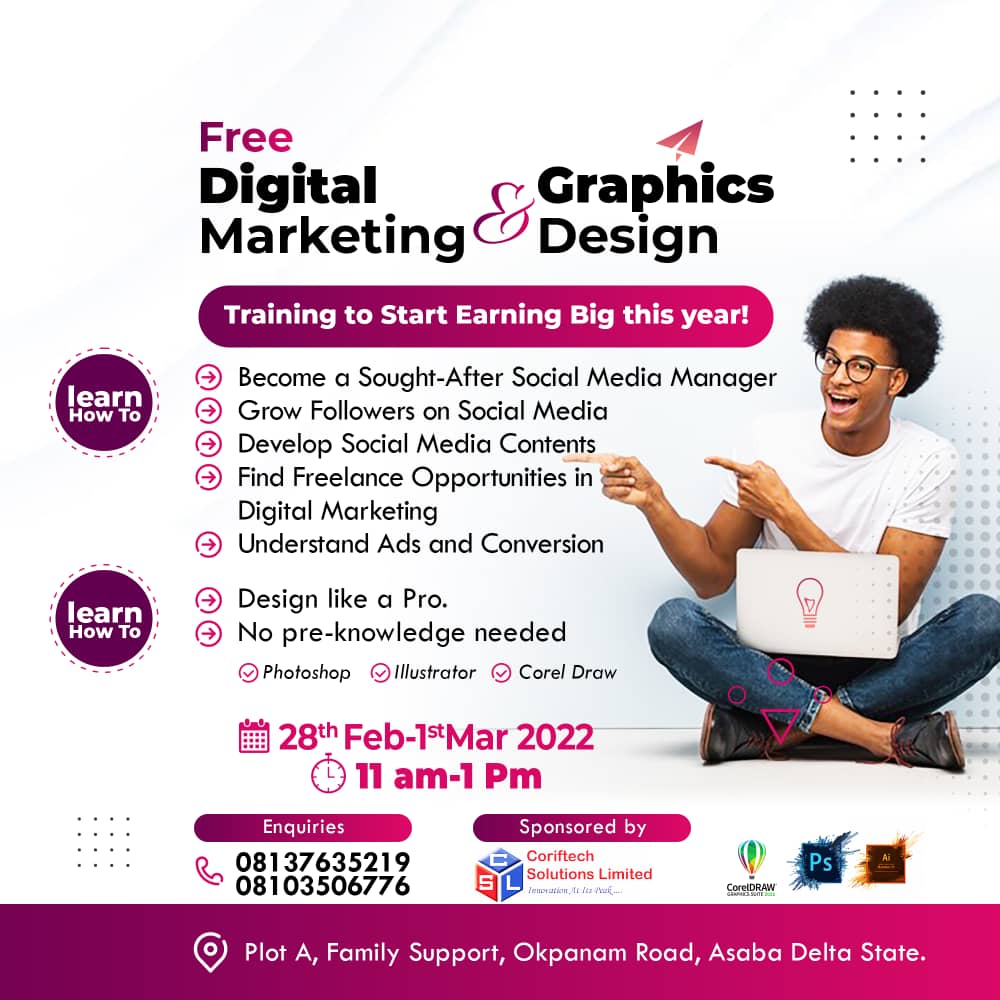 coriftechLtd's tweet photo. 📣📣Looking to learn Graphics design or Digital Marketing?
You can get trained for free
Register Here 👇👇
https://t.co/DWdDjz6mkC https://t.co/vCh8DCXOSx