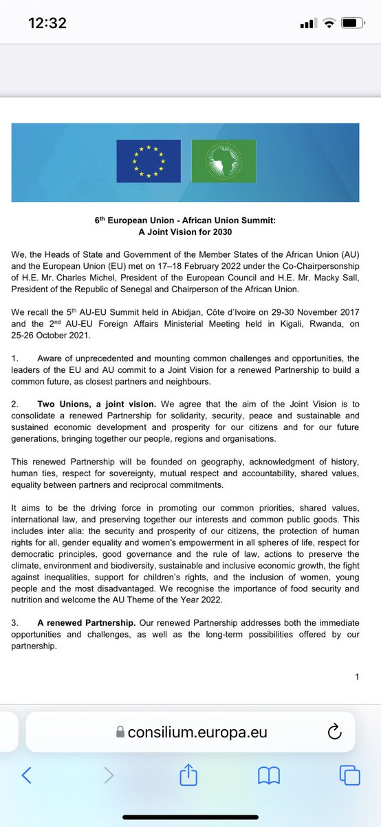 Great to see an EU-AU Joint Vision agreed in BRU w renewed and enhanced cooperation for peace & security that is clearly widening, however, regretting the military and hard security focus in a time when we are clearly and unmistakably seeing their limitations. #EUAUSummit