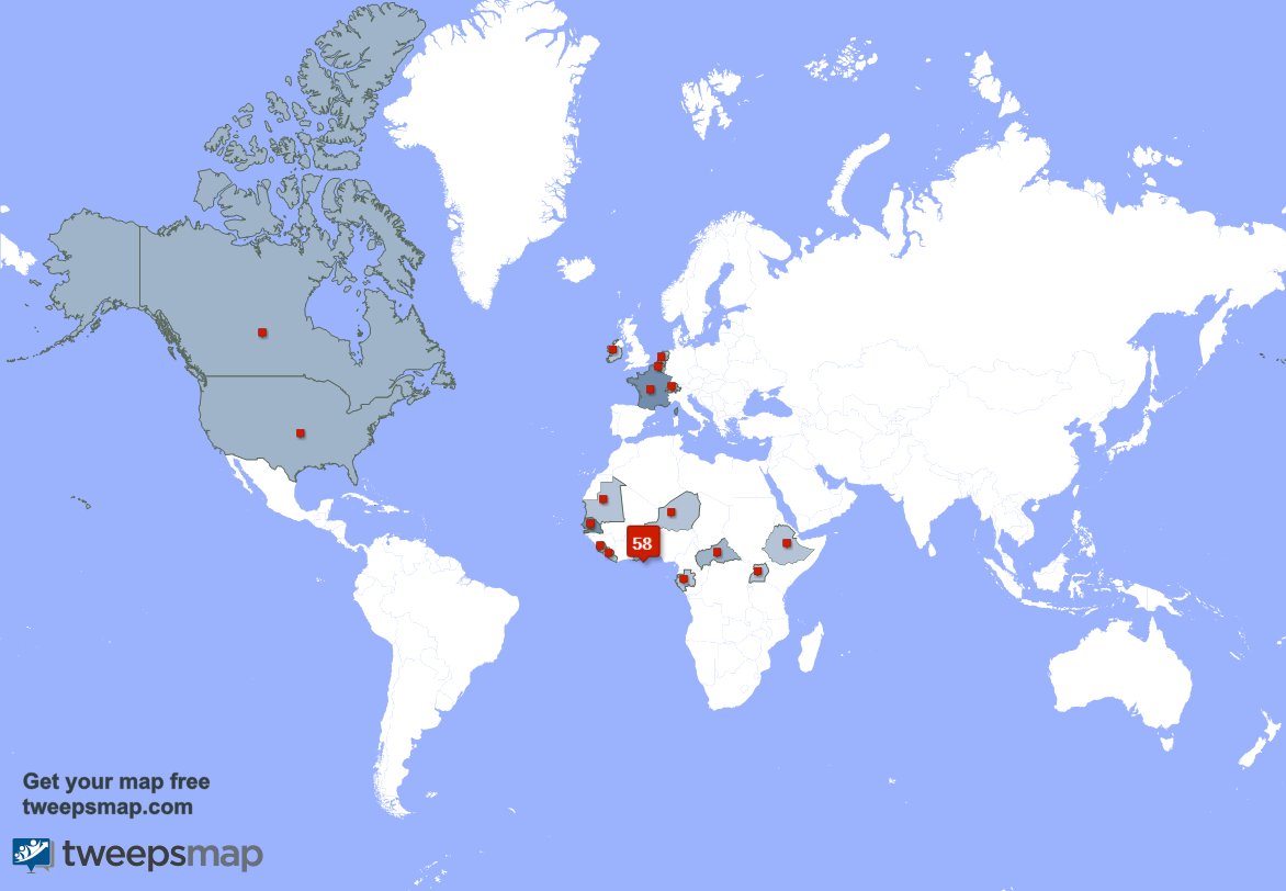 Selon tweepsmap.com/!FirminSef Mes abonnés vivent en: Togo(60%),Bénin(9%),Sénégal(7%)