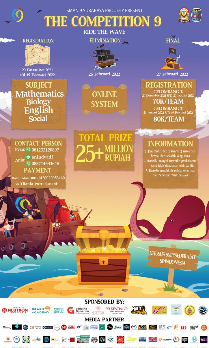 Competition_9's tweet photo. 🏴‍☠️Get on board, pirates!🏴‍☠️
The biggest NATIONAL Competition for Junior High School is back!
 
Let's ride the wave together once again, shall we?
 
SMAN 9 Surabaya Proudly Present
✨THE COMPETITION'9 2k22✨ https://t.co/ZCRzu26QKb